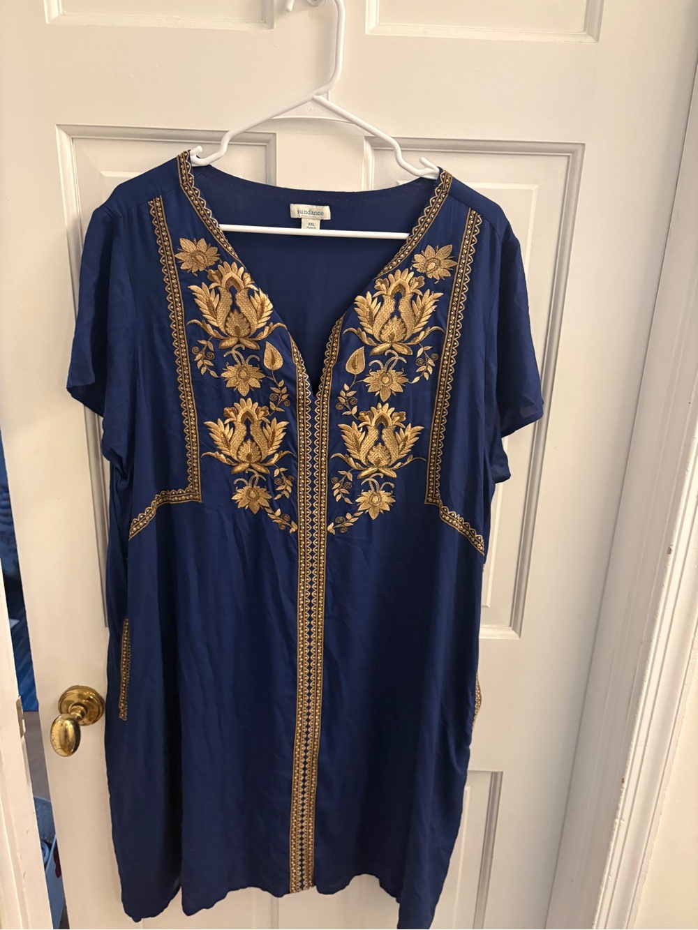 Sundance Navy Kaftan Dress with Gold Embroidered Trim
